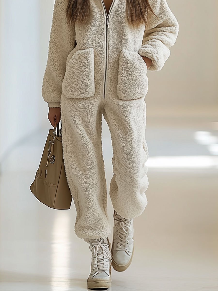 【24 - hour shipping】Casual Loose Vintage Polar Fleece Pocket Zipper Hooded Jumpsuit - Soliqlo