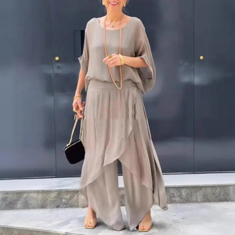 2Pcs/Set Women Chiffon Top Pants Set Spring Summer Casual Two Piece Crew Neck Top Wide Leg Pant Flowy Wedding Guest Outfit - Soliqlo
