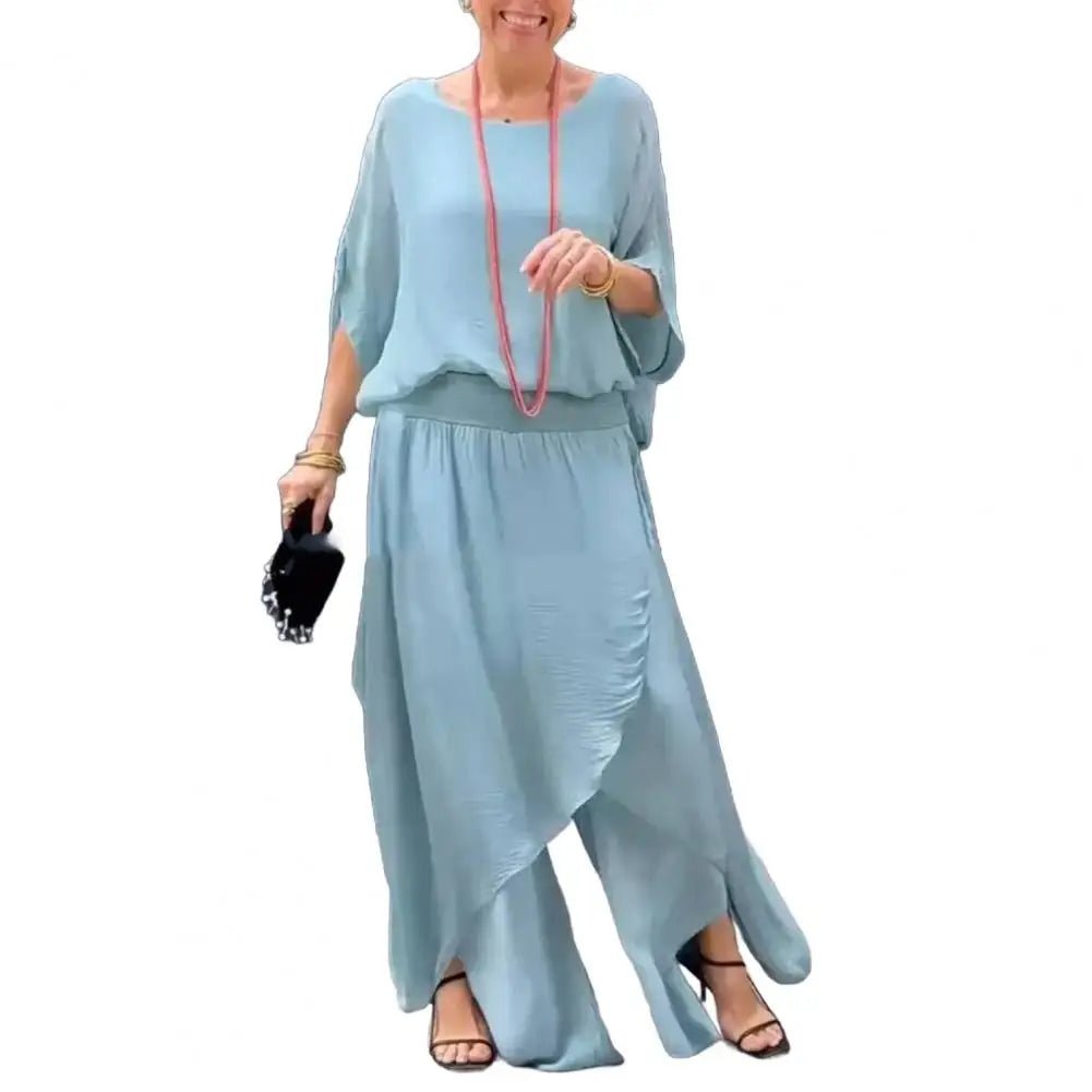 2Pcs/Set Women Chiffon Top Pants Set Spring Summer Casual Two Piece Crew Neck Top Wide Leg Pant Flowy Wedding Guest Outfit - Soliqlo