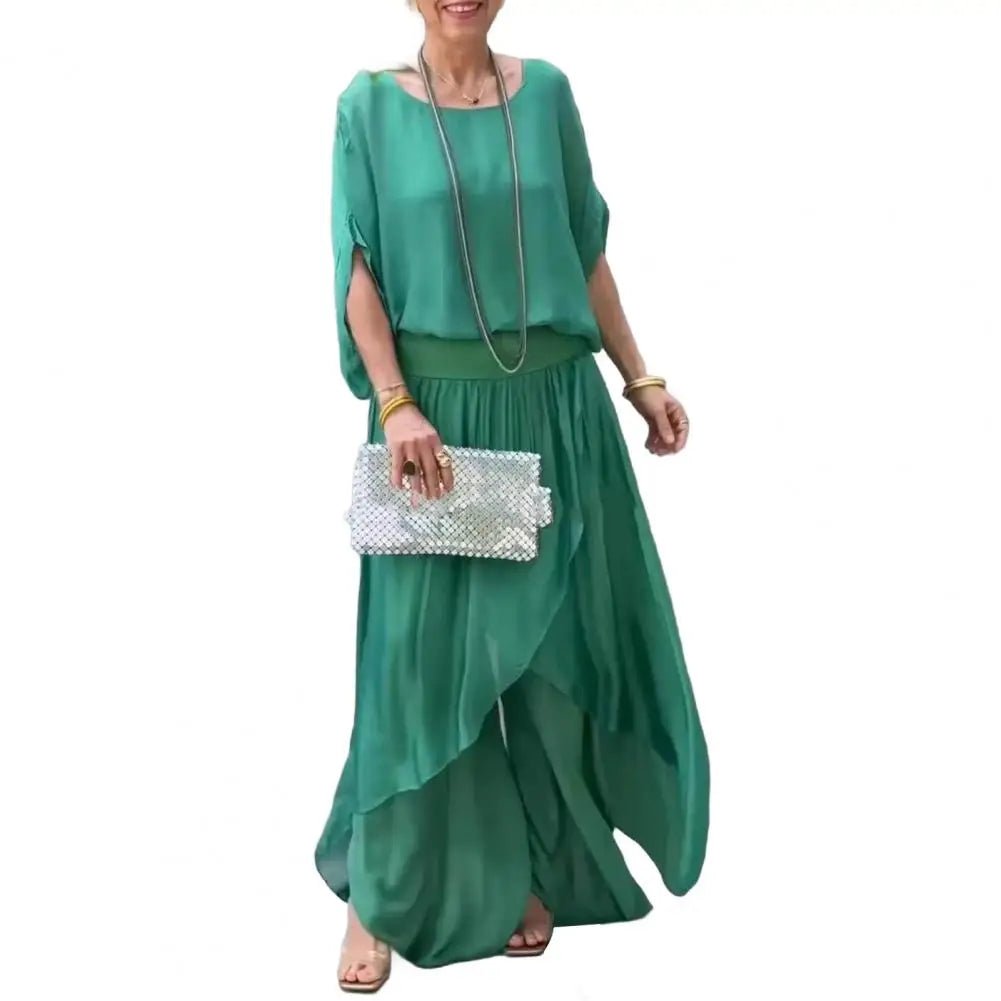2Pcs/Set Women Chiffon Top Pants Set Spring Summer Casual Two Piece Crew Neck Top Wide Leg Pant Flowy Wedding Guest Outfit - Soliqlo