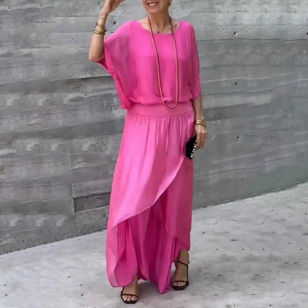 2Pcs/Set Women Chiffon Top Pants Set Spring Summer Casual Two Piece Crew Neck Top Wide Leg Pant Flowy Wedding Guest Outfit - Soliqlo