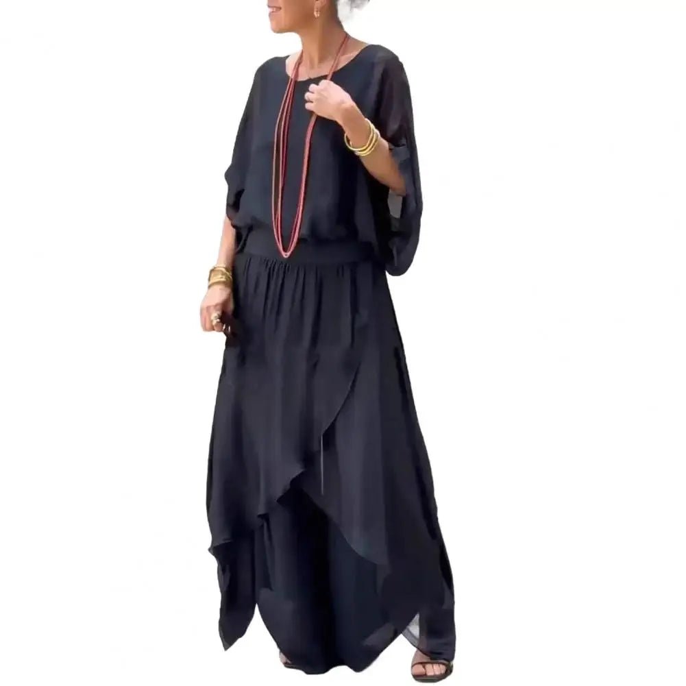2Pcs/Set Women Chiffon Top Pants Set Spring Summer Casual Two Piece Crew Neck Top Wide Leg Pant Flowy Wedding Guest Outfit - Soliqlo