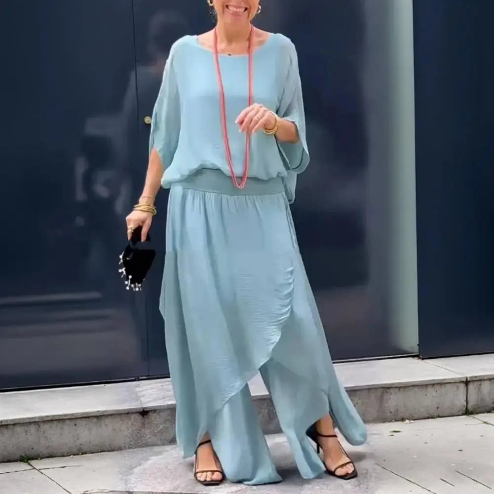 2Pcs/Set Women Chiffon Top Pants Set Spring Summer Casual Two Piece Crew Neck Top Wide Leg Pant Flowy Wedding Guest Outfit - Soliqlo
