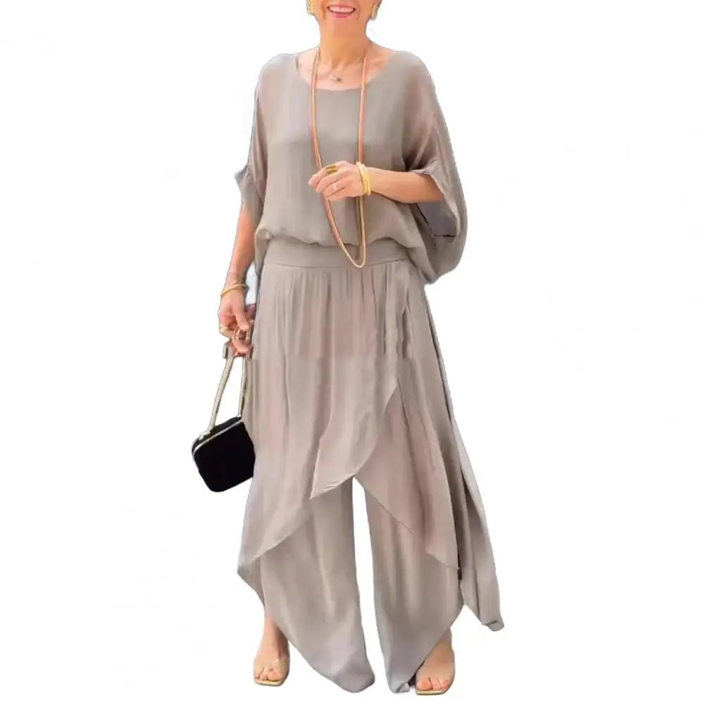 2Pcs/Set Women Chiffon Top Pants Set Spring Summer Casual Two Piece Crew Neck Top Wide Leg Pant Flowy Wedding Guest Outfit - Soliqlo