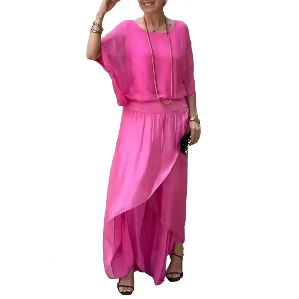 2Pcs/Set Women Chiffon Top Pants Set Spring Summer Casual Two Piece Crew Neck Top Wide Leg Pant Flowy Wedding Guest Outfit - Soliqlo