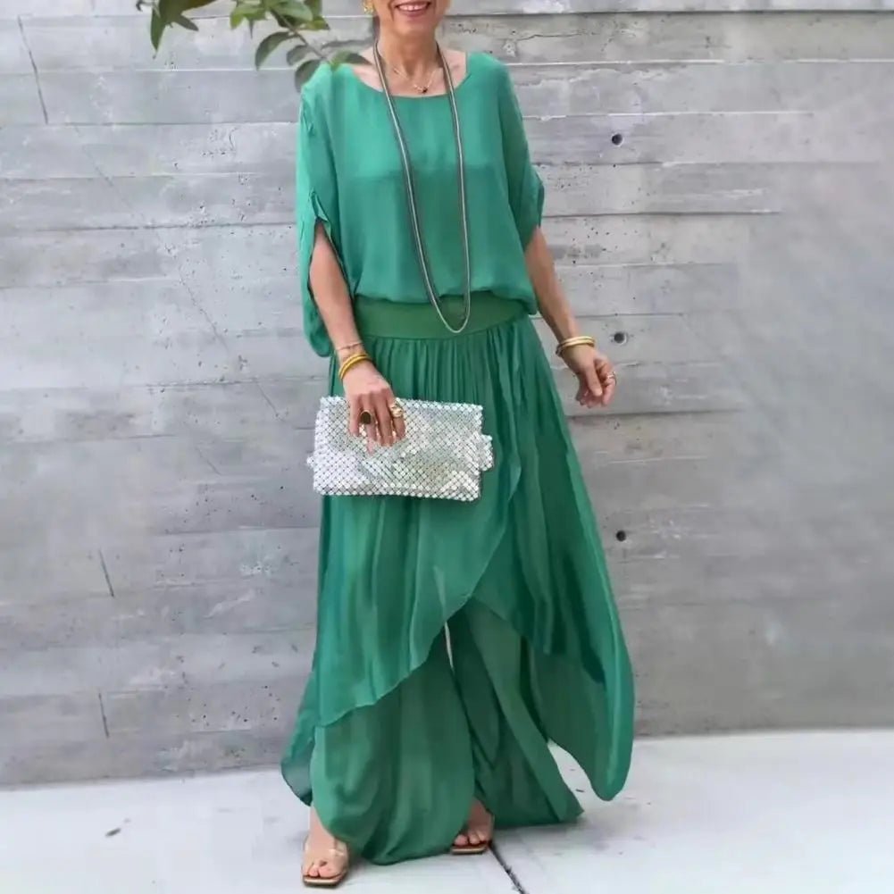 2Pcs/Set Women Chiffon Top Pants Set Spring Summer Casual Two Piece Crew Neck Top Wide Leg Pant Flowy Wedding Guest Outfit - Soliqlo