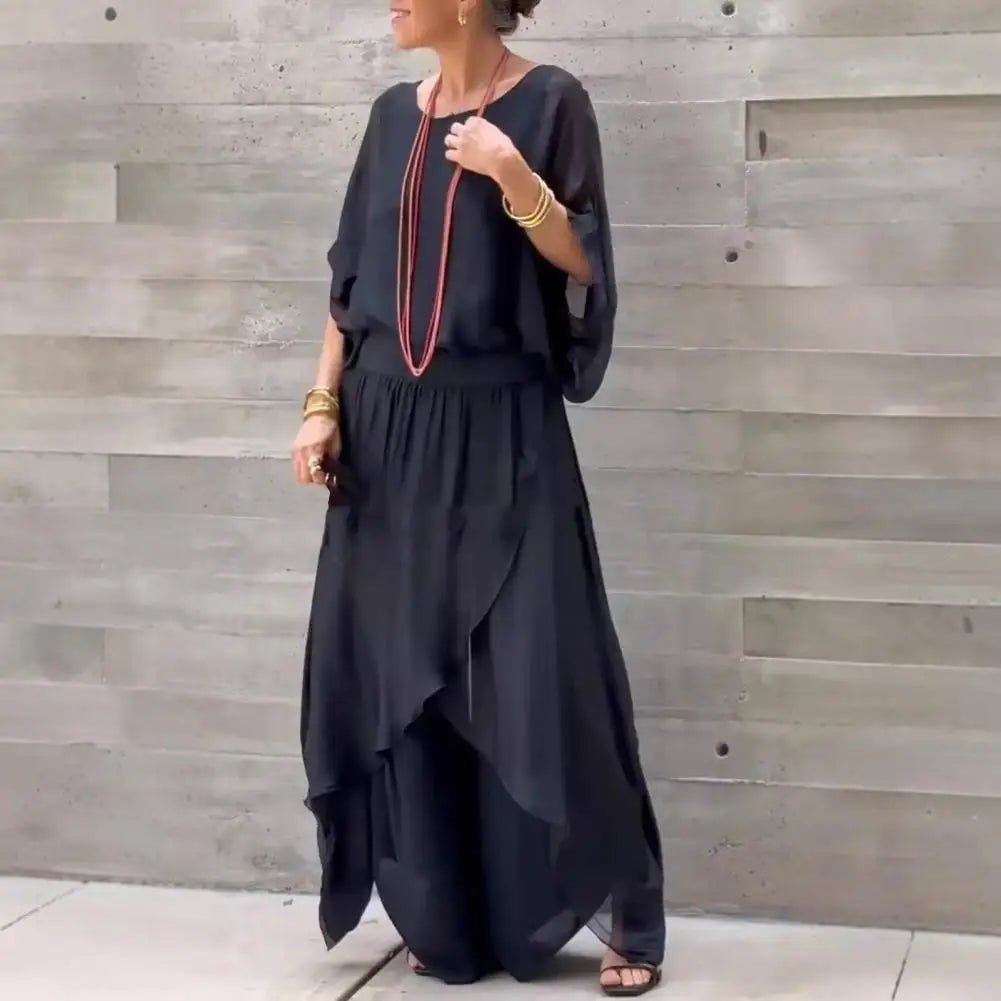 2Pcs/Set Women Chiffon Top Pants Set Spring Summer Casual Two Piece Crew Neck Top Wide Leg Pant Flowy Wedding Guest Outfit - Soliqlo