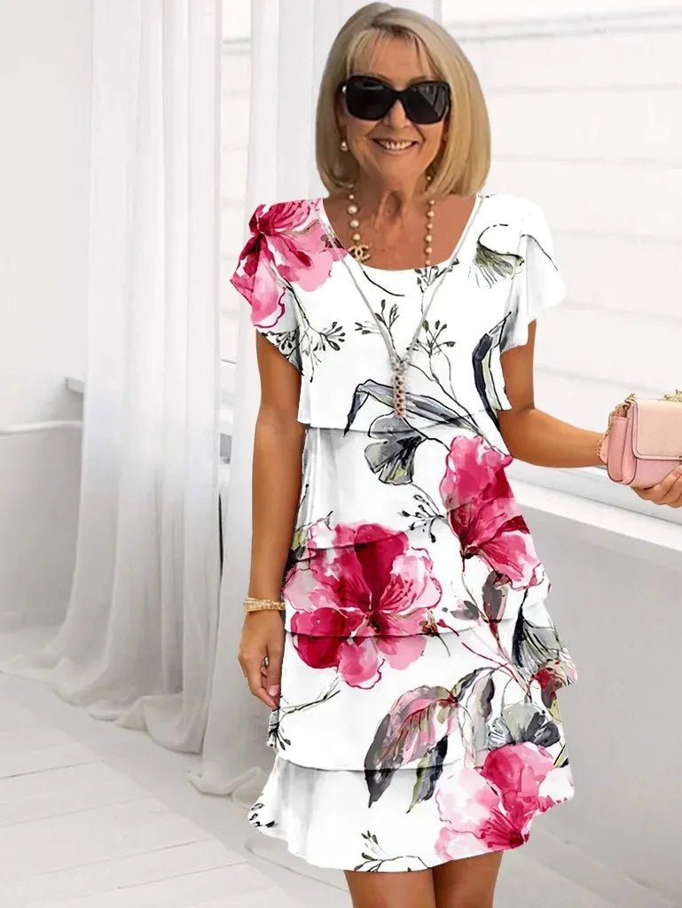 Casual Loose Print Vintage Summer Women Printed Chiffon Short Sleeved V - neck Sexy Midi Dresses Elegant Vestido Feminino Dress - Soliqlo
