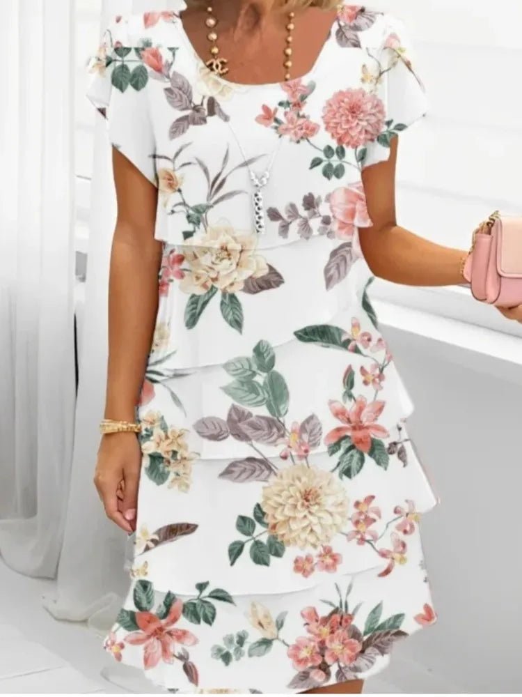 Casual Loose Print Vintage Summer Women Printed Chiffon Short Sleeved V - neck Sexy Midi Dresses Elegant Vestido Feminino Dress - Soliqlo