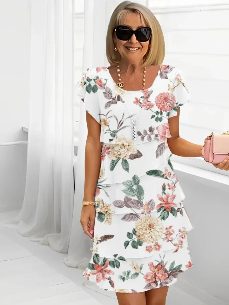 Casual Loose Print Vintage Summer Women Printed Chiffon Short Sleeved V - neck Sexy Midi Dresses Elegant Vestido Feminino Dress - Soliqlo