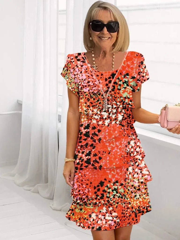 Casual Loose Print Vintage Summer Women Printed Chiffon Short Sleeved V - neck Sexy Midi Dresses Elegant Vestido Feminino Dress - Soliqlo