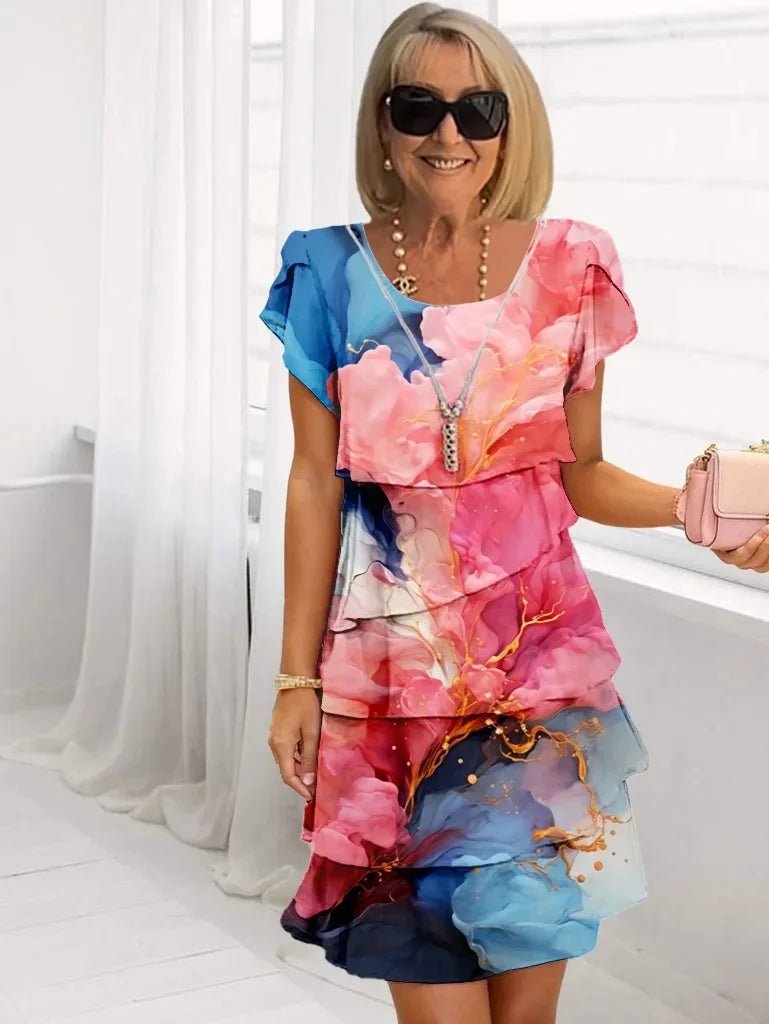 Casual Loose Print Vintage Summer Women Printed Chiffon Short Sleeved V - neck Sexy Midi Dresses Elegant Vestido Feminino Dress - Soliqlo