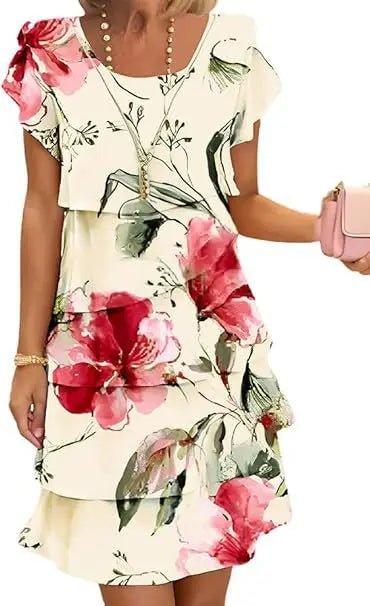 Casual Loose Print Vintage Summer Women Printed Chiffon Short Sleeved V - neck Sexy Midi Dresses Elegant Vestido Feminino Dress - Soliqlo