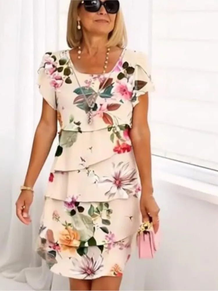 Casual Loose Print Vintage Summer Women Printed Chiffon Short Sleeved V - neck Sexy Midi Dresses Elegant Vestido Feminino Dress - Soliqlo