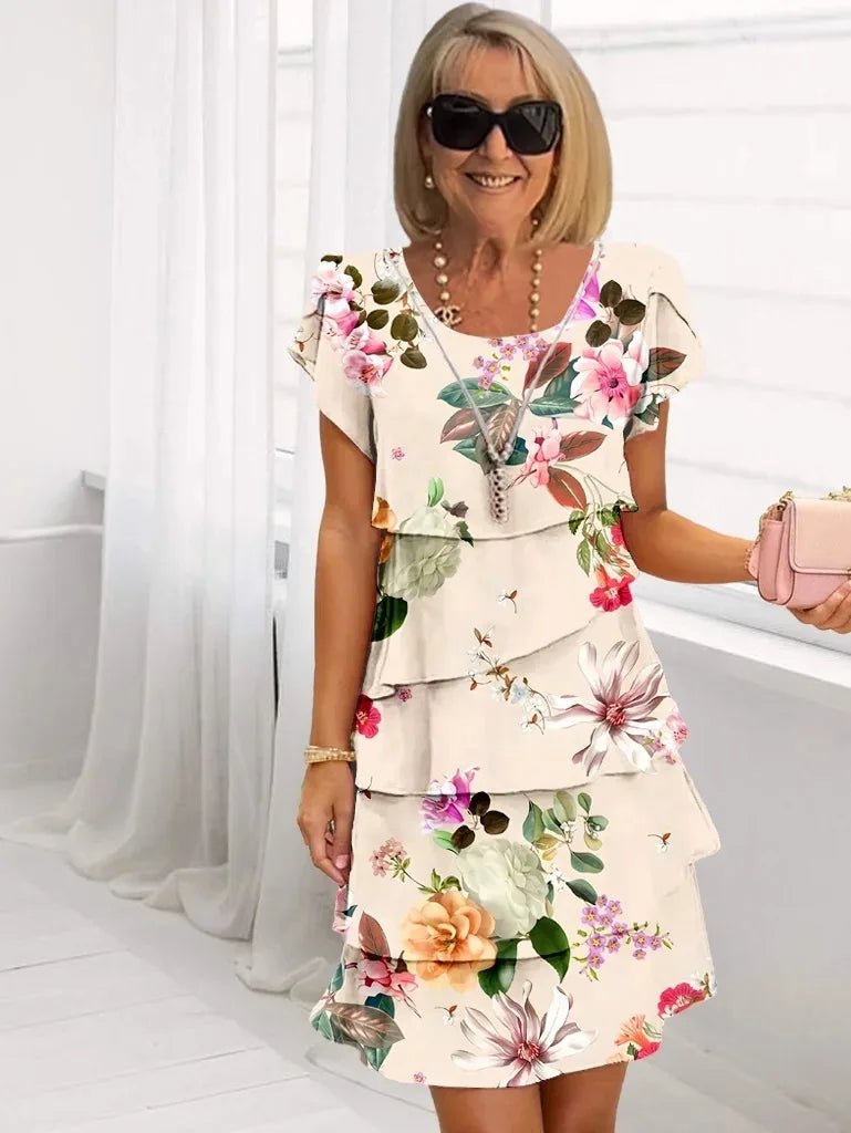 Casual Loose Print Vintage Summer Women Printed Chiffon Short Sleeved V - neck Sexy Midi Dresses Elegant Vestido Feminino Dress - Soliqlo