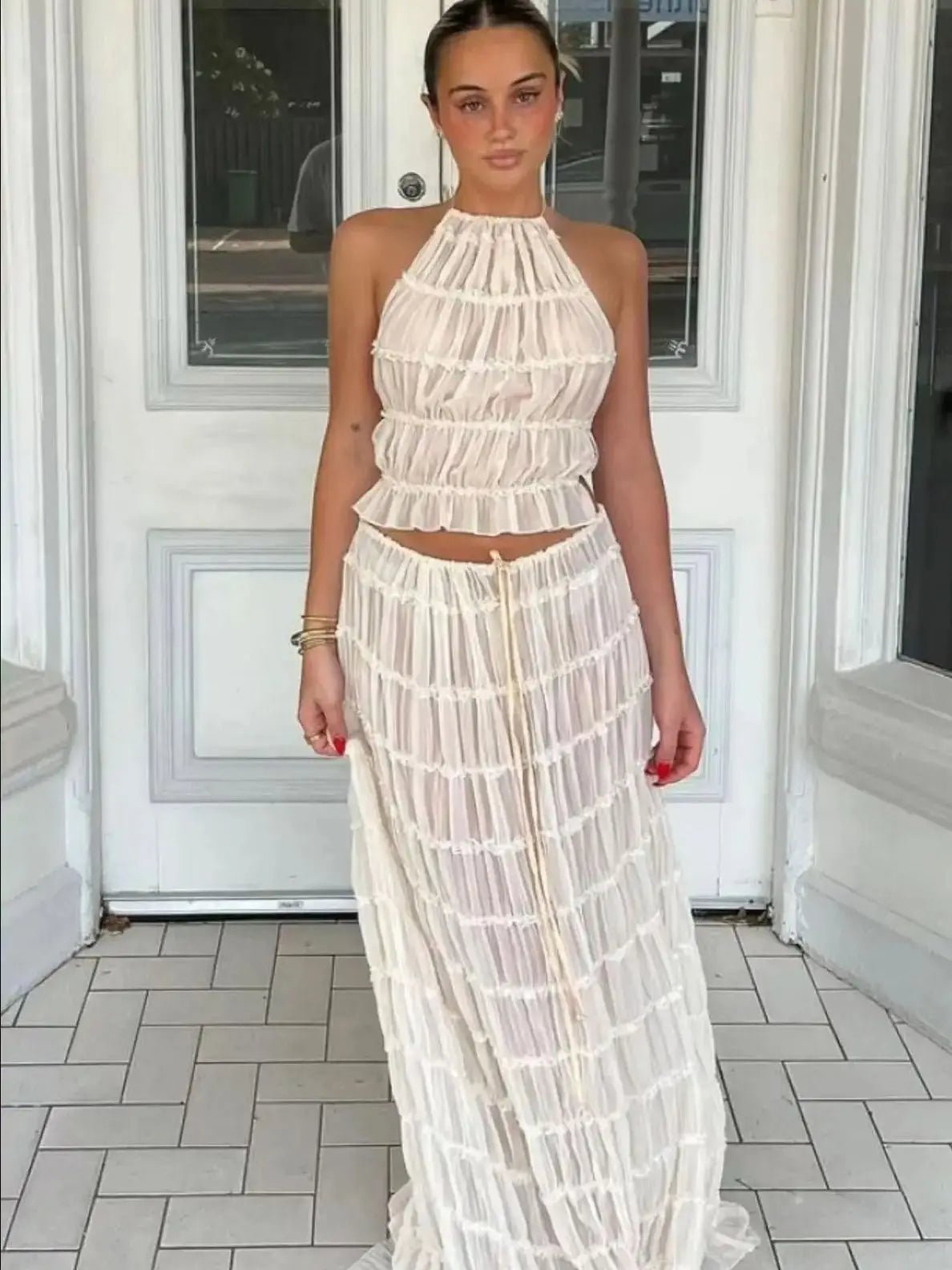 Fashion Halter Neck Long Skirt Suit Women Backless Sling Top Lace Up Fold Maxi Skirts 2024 New Summer Female 2 Piece Set Outfits - Soliqlo