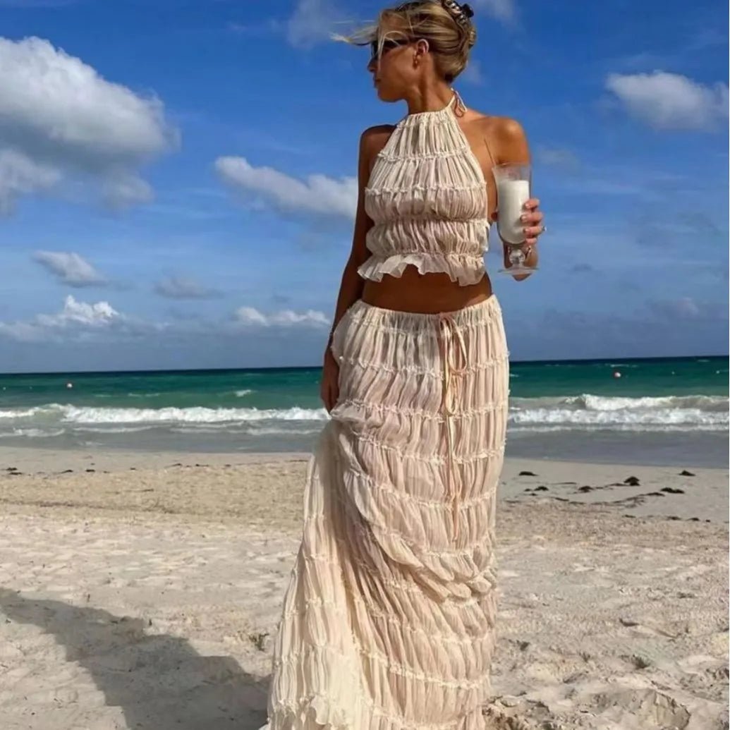 Fashion Halter Neck Long Skirt Suit Women Backless Sling Top Lace Up Fold Maxi Skirts 2024 New Summer Female 2 Piece Set Outfits - Soliqlo