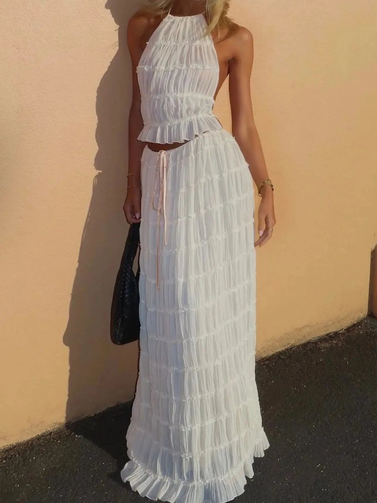 Fashion Halter Neck Long Skirt Suit Women Backless Sling Top Lace Up Fold Maxi Skirts 2024 New Summer Female 2 Piece Set Outfits - Soliqlo
