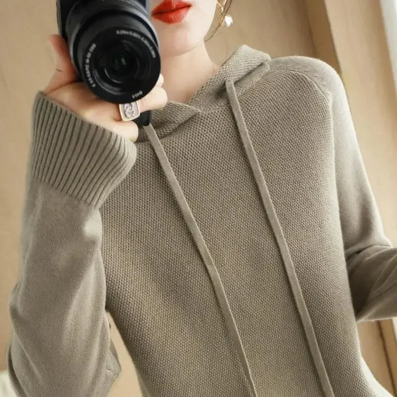 Hooded Sweater Woman Autumn Winter Long Sleeve Warm Bottoming Shirt Solid Casual Pullovers Knit Tops Korean Fashion Jumper 2024 - Soliqlo