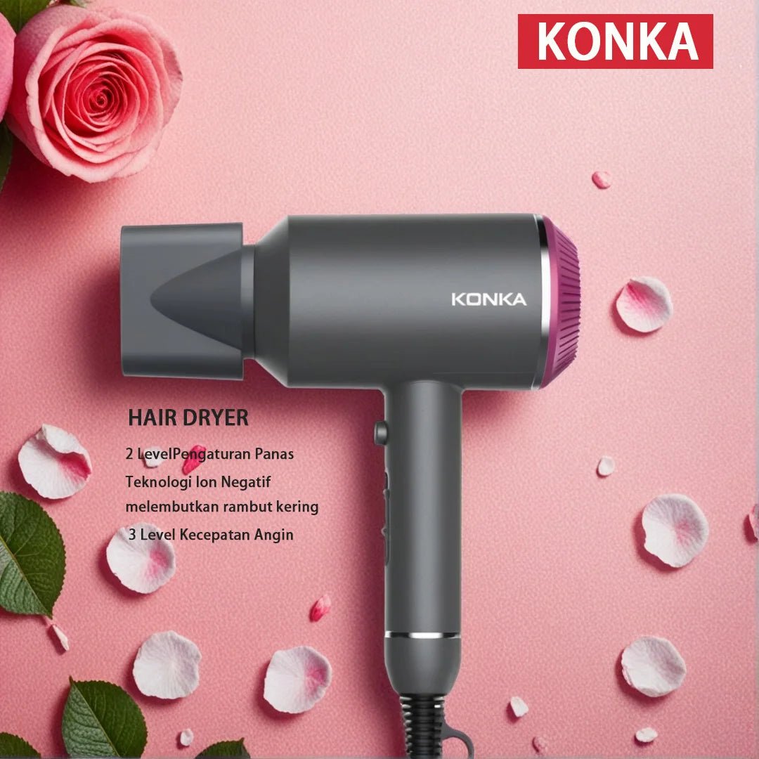 KONKA Hair Dryer - 1800W Ionic Technology, Fast Drying, Foldable Design, 3 Heat/Speed Settings, for Home & Travle KG - 1601 - Soliqlo