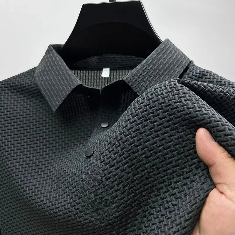 Motorcycle Summer Men Lop - up Hollow Short - sleeved Polo Tee Shirt Ice Silk Breathable Business Fashion T-Shirt Male Brand Clothes - Soliqlo