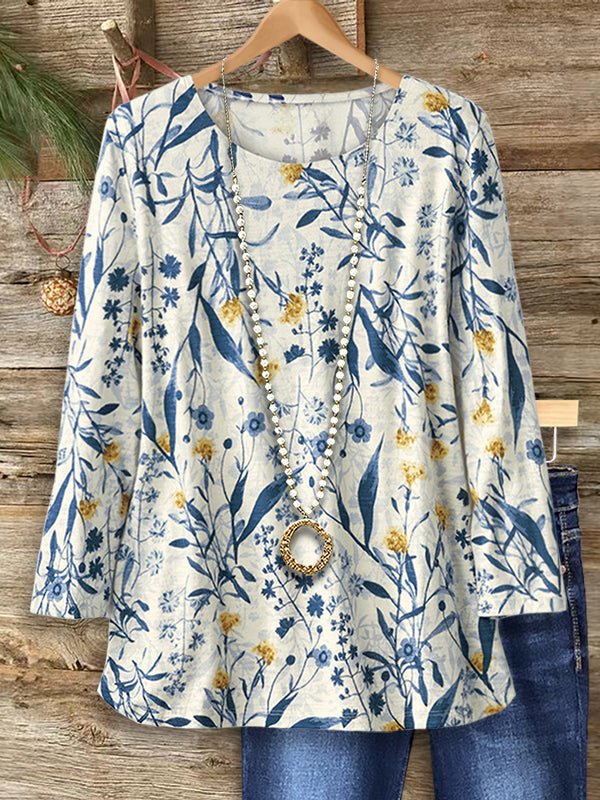 Natural Floral Print Casual Top - Soliqlo