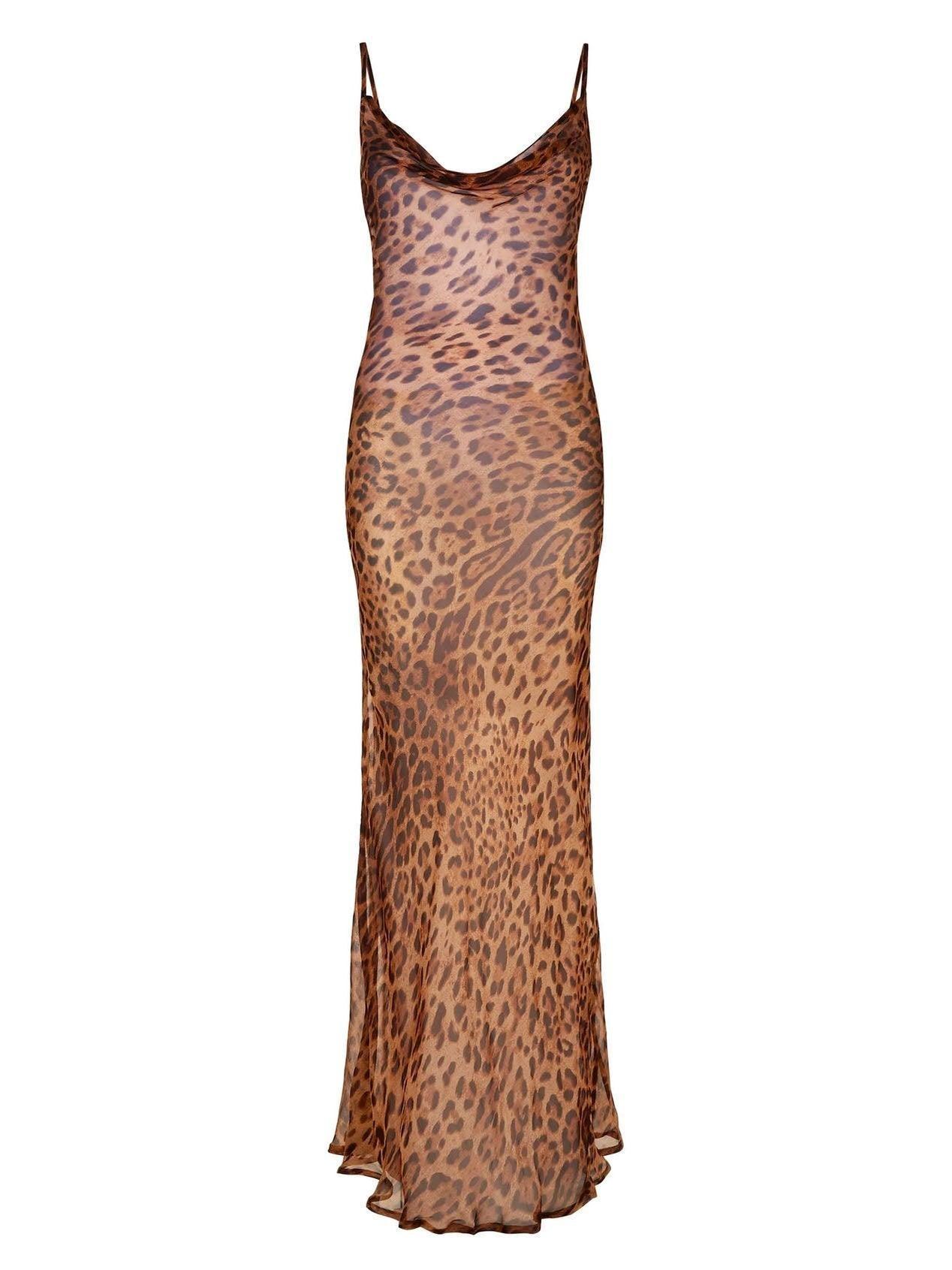 Sleek Panthera Print Spaghetti Maxi Dress - Soliqlo